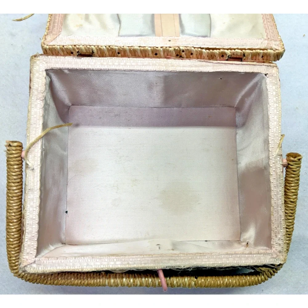 Woven Vanity Jewelry Box Pink Trim Satin Lined Hinged Basket Vintage Storage